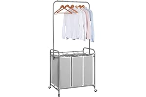 STORAGE MANIAC 136L Laundry Sorter with Hanging Bar, Portable, Removable Laundry Hamper Cart with Heavy Duty Rolling Lockable Wheels and Removable Bags, Rolling Laundry Basket Organizer, 3 Section