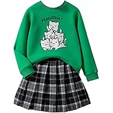 Asbabiy Girls 2 Piece Outfits casual Pullover Sweatshirt and retro plaid skirt Set 7-13 Years