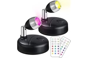 Klarlight 2 Pack Mini RGB Battery Spotlights Indoor with Remote Control Wireless LED Spot Lights Stick On Picture Light with 13 Light Colors for Cabinet Art Display Vans Party Ambience