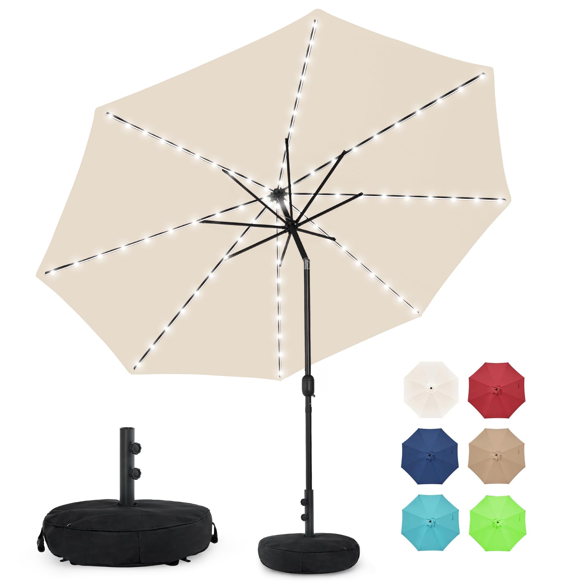 Photo 1 of ** BRAND NEW ITEM** Sundale Outdoor Solar 80 LED 9 ft Patio Umbrella with Sand Bag Umbrella Base, Outdoor Umbrella with Tilt and Crank Beige
