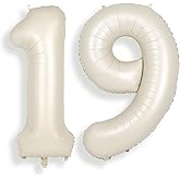 SUWEN 40 Inch Cream White Large 19 Number Balloons Big Foil Helium Number Balloons 0-9 Jumbo Happy 19th Mylar Birthday Party Decorations for Boy or Girl 91 Anniversary Party Supplies