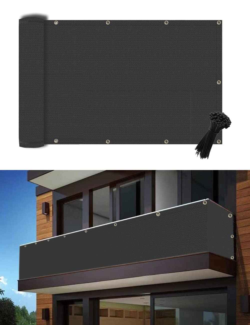 Photo 1 of POYEE 3'×10' Black Balcony Privacy Screen Fence Cover UV Protection Weather Resistant Waterproof Shade Cloth for Outdoor Patio Apartment Backyard Porch Deck Railing with Zip Ties