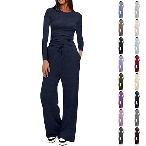 Lounge Wear Sets for Women UK Long Sleeve Round Neck Plain Tracksuits Two Piece Outfit Fitted Tops Wide Leg Pants Casual Homewear Soft Loungewear