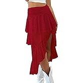 Yousify Womens Lace Midi Skirts High Waist Y2K Asymmetrical Layered Flowy Fairy Skirts Floral Beach Long Skirt