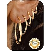 FUNRUN JEWELRY 5 Pairs 925 Sterling Silver Hoop Post Earrings for Women-Small 14K Gold Silver Hoops Earrings,Hypoallergenic Silver Hoop Earring for Women-Medium Big Hoops Stack Earring 10/14/20/30/40mm