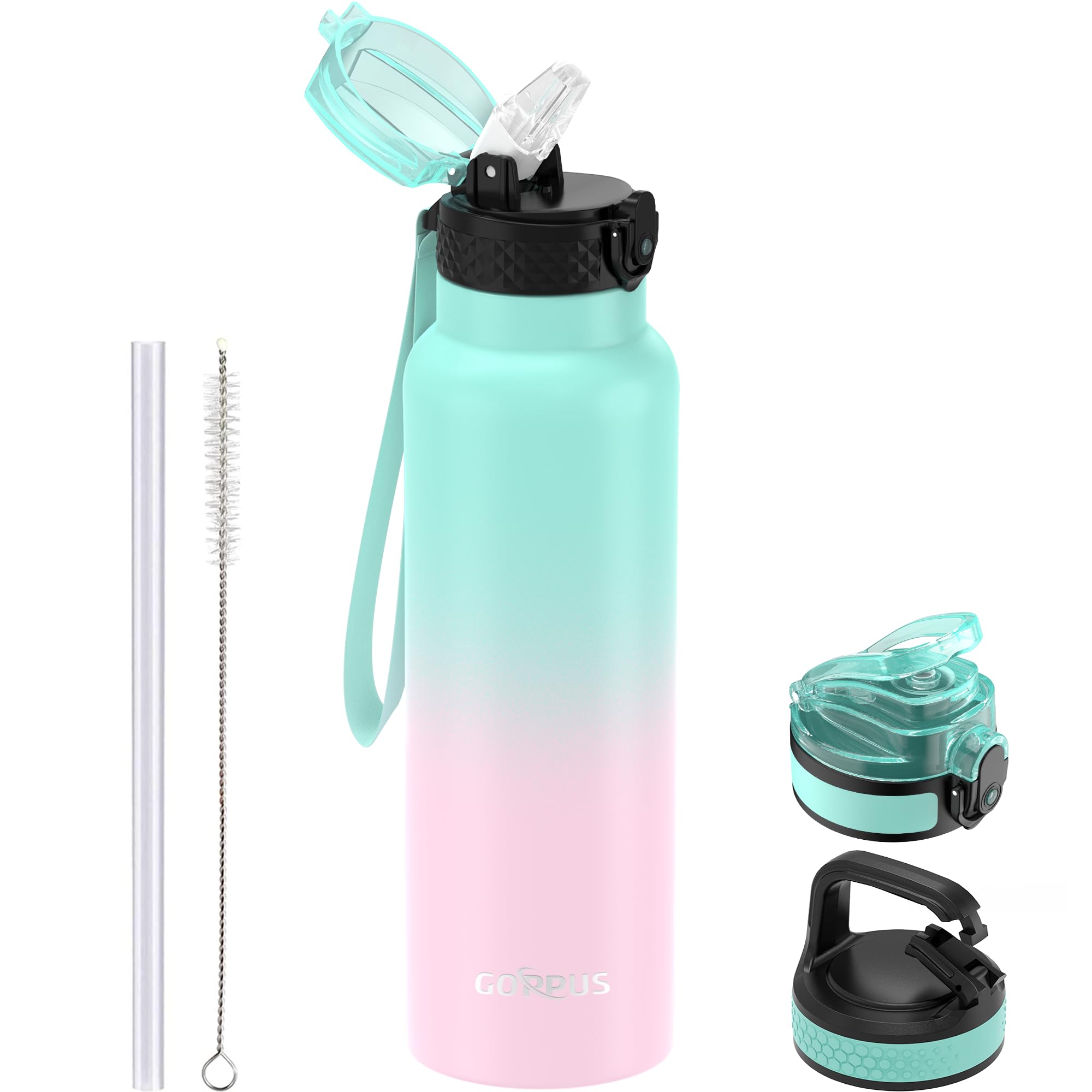 GOPPUS 750ml/26oz Stainless Water Bottle with Straw Double Wall Insulated Bottles with Strap Reusable Vacuum Thermal Flask Leakproof Keep Cold Drinks Bottles with Flip Top Lid for Men Women BPA Free