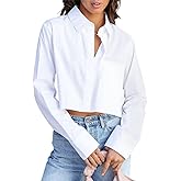 INFITTY Women's Button Down Cropped Shirts Long Sleeve Casual Crop Tops Loose Fit Cotton Lapel Blouse Fall