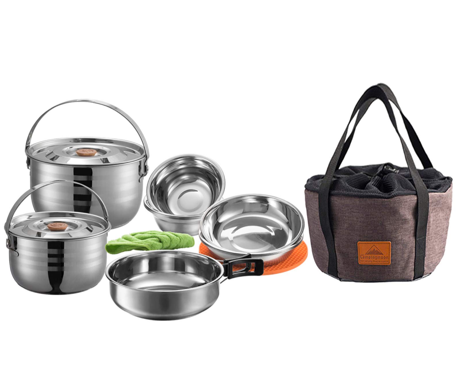 Photo 1 of CAMPINGMOON 13PCS Camping Cookware Set Stainless Steel Outdoor Nesting Cooking Mess Kit Pots Pans Bowls with Storage Carrying Tote Bag MC210