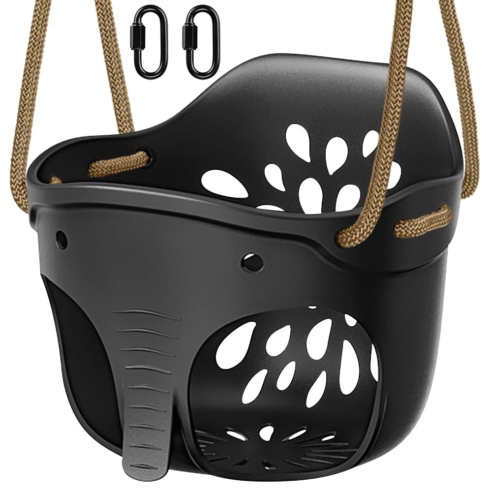 Photo 1 of SELEWARE Heavy-Duty High Back Full Bucket Toddler Swing Seat with Locking Carabiners and Adjustable Rope, Cute Elephant Shape Design, 600LB Weight Limit (Bucket Swing, Black)