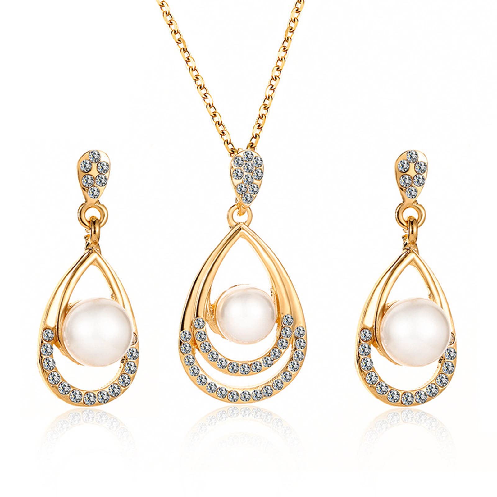 Yienate Bridal Crystal Pearl Jewelry Set Pearl Pendant Necklace Zirconia Rhinestone Teardrop Dangle Pearl Earring Set Gold Wedding Jewelry Set for Women Girls