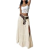 Verdusa Women's Long Maxi Skirts Boho Western Country Cncert Outfits Lace Skirt Split Layered Ruffle Skirt