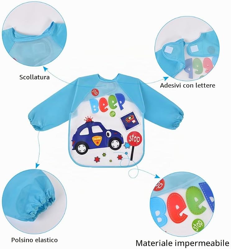 4 pezzi Bavaglini a Manica Lunga, Waterproof & Easy to Clean,Bavaglino Unisex per Bambini, Bambini e Neonati Giocare e Mangiare 6 Mesi a 3 Anni(Auto, Giraffa, Leone, Elefante)