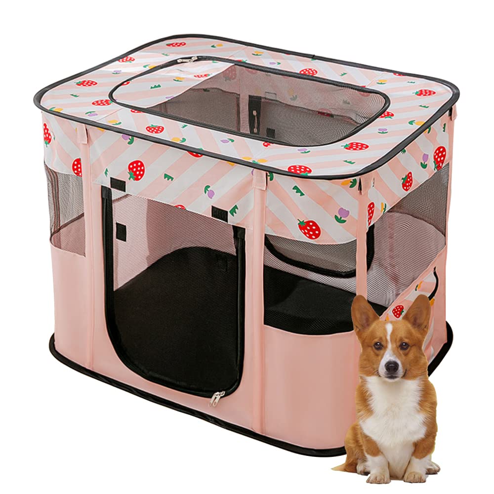Foldable Pet Playpen Portable Kennel Cage for Puppy Dog Kitten Cat, Indoor/Outdoor Pop up Pet Tent Fence (M,Pink)