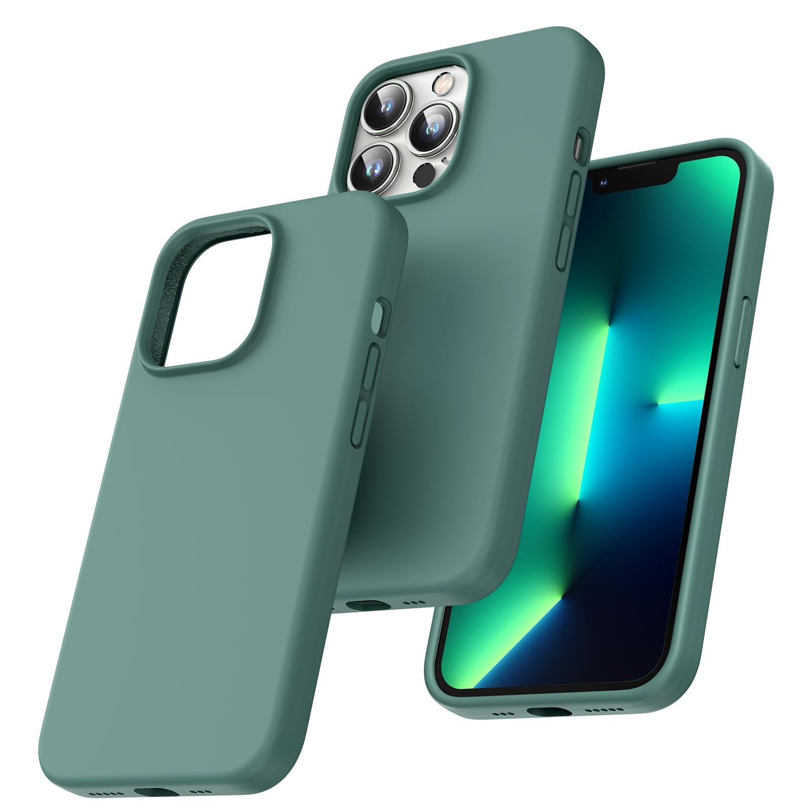 TOCOL Silicone for iPhone 13 Pro Case 6.1-Inch, Liquid Silicone Multi-Color Slim Silky-Soft Touch Anti-Scratch Shockproof Protective Phone Cover, Midnight Green