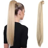 SEIKEA 28 Inch Clip in Ponytail Extension Wrap Around Long Straight Pony Tail Hair Synthetic Hairpiece for Women Color Blonde with Pale Gold Highlights