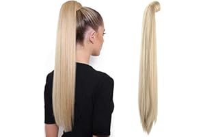 SEIKEA 28 Inch Clip in Ponytail Extension Wrap Around Long Straight Pony Tail Hair Synthetic Hairpiece for Women Color Blonde with Pale Gold Highlights