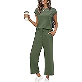WIHOLL Two Piece Sets for Women Summer Travel Vacation Outfits Cap Sleeve Lounge Matching Sets Wide Leg Pants S-3XL