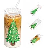 SUREPHON Christmas Gifts, 18oz Color Changing Christmas Glass Cups with Lids and Straw, Glass Tumbler Iced Coffee Drinks Cups for Holiday Party (1 Pack)