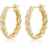 Ohslya Gold Hoop Earrings 14K Gold Earring for Women Twisted Design with Sculpted Texture Hoops Earring for Womens Minimalist Diamond Earring Gift Jewelry 25mm