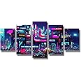 5 Piece Cyberpunk Wall Painting - Futuristic City Scene Canvas Wall Art - Gaming Style Decoration for Living Room - Stretched Framed - 20x40INCH