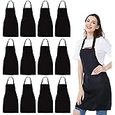 NOBONDO 12 Pack Bib Apron - Unisex Black Apron Bulk with 2 Roomy Pockets Machine Washable for Kitchen Crafting BBQ Drawing