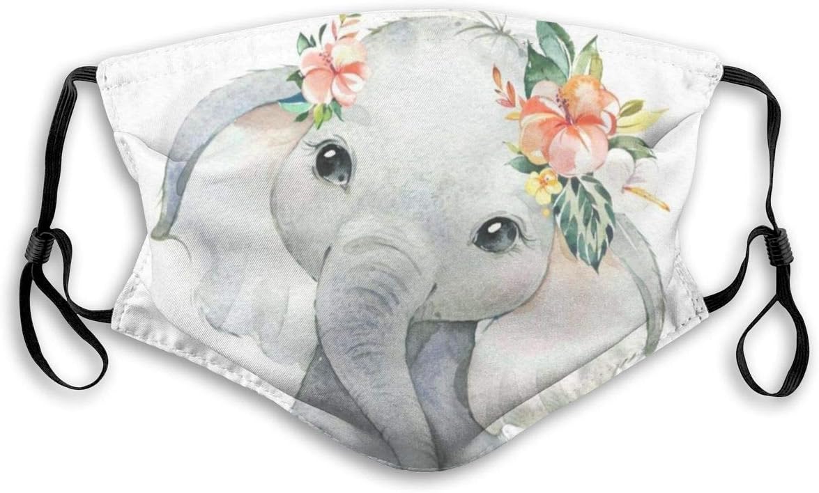 1 Fillter Face Cloth For Women Boho Elephant Reusable Waterproof Mouth Anti Dust Ear Loops For Running Double Protection White