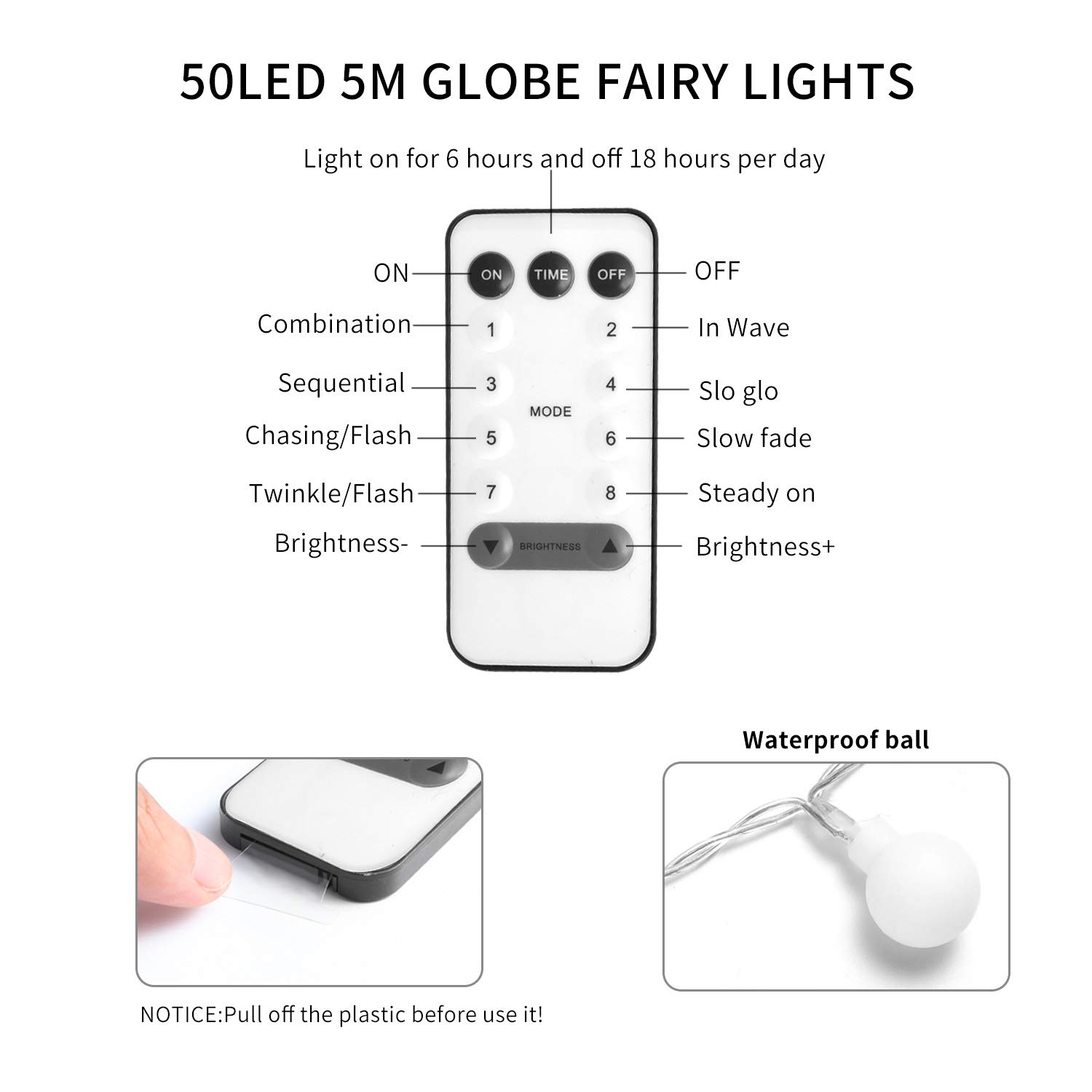 owlguart Globe String Lights Fairy Decorative Light for Outdoor, Indoor, Home,Wedding,Christmas Tree, Party (Warm White, Battery-Powered, USB-Powered,50 LED 16 Ft)