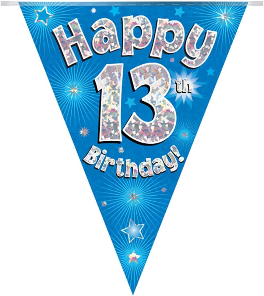 Party Bunting Happy 13th Birthday Blue Holographic 11 flags 3.9m, 28cm x 390cm