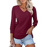 TICTICMISS Women's 3/4 Length Sleeve Tops with Buttons V Neck T Shirts Business Casual Blouses Loose Fit Summer Tunic Clothes