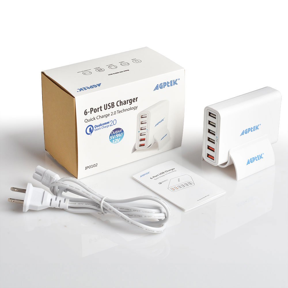 USB Quick Charger - 6 Port Fast Charger (2 x Quick Charge) - 60W USB Desktop Charger Station Wall Charger for iphone, ipad, sumsung, etc