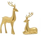 NSdawali 2Pcs Gold Christmas Reindeer Decor, Small Resin Deer Figurines Standing Sitting Mini Reindeer Statues Sculpture Xmas Ornaments for Indoor Home Cabinet Mantle Table Top Centerpiece Decoration