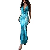 OYOANGLE Women's Tie Dye Sleeveless Fishtail Maxi Dress Starfish Deep V Cowl Neck Evening Cocktail Dresses