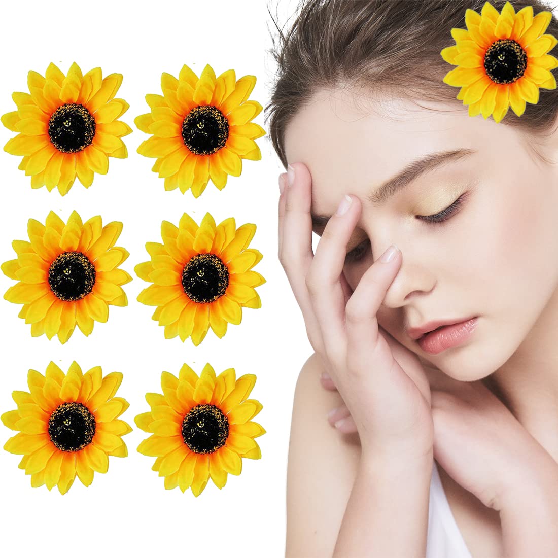 6Pcs 10cm/3.9inch Yellow Simulation Sunflower Hair Clips Beach Vocation Headpieces Clamps Claws Clasp Pins Barrettes for Party Wedding Hairdressing Decoration