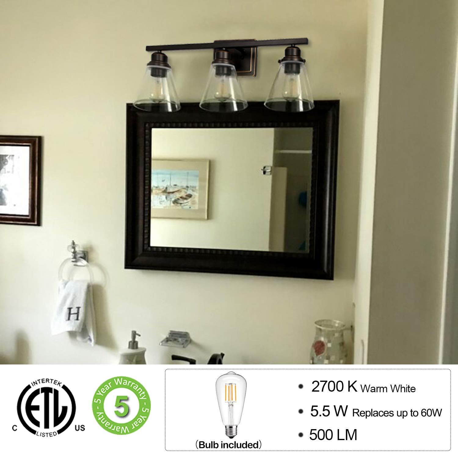 3-Light Bathroom Light, Led Edison Bulbs Included, Oil Rubbed Bronze Vanity Light Fixtures, Bathroom Wall Sconce Lighting with Clear Glass Shades, ETL Listed - - 