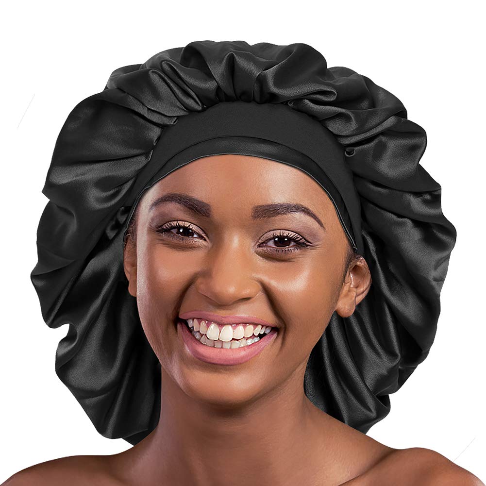 Alnorm Satin Bonnet for Natural Hair Curly Hair Braids Black