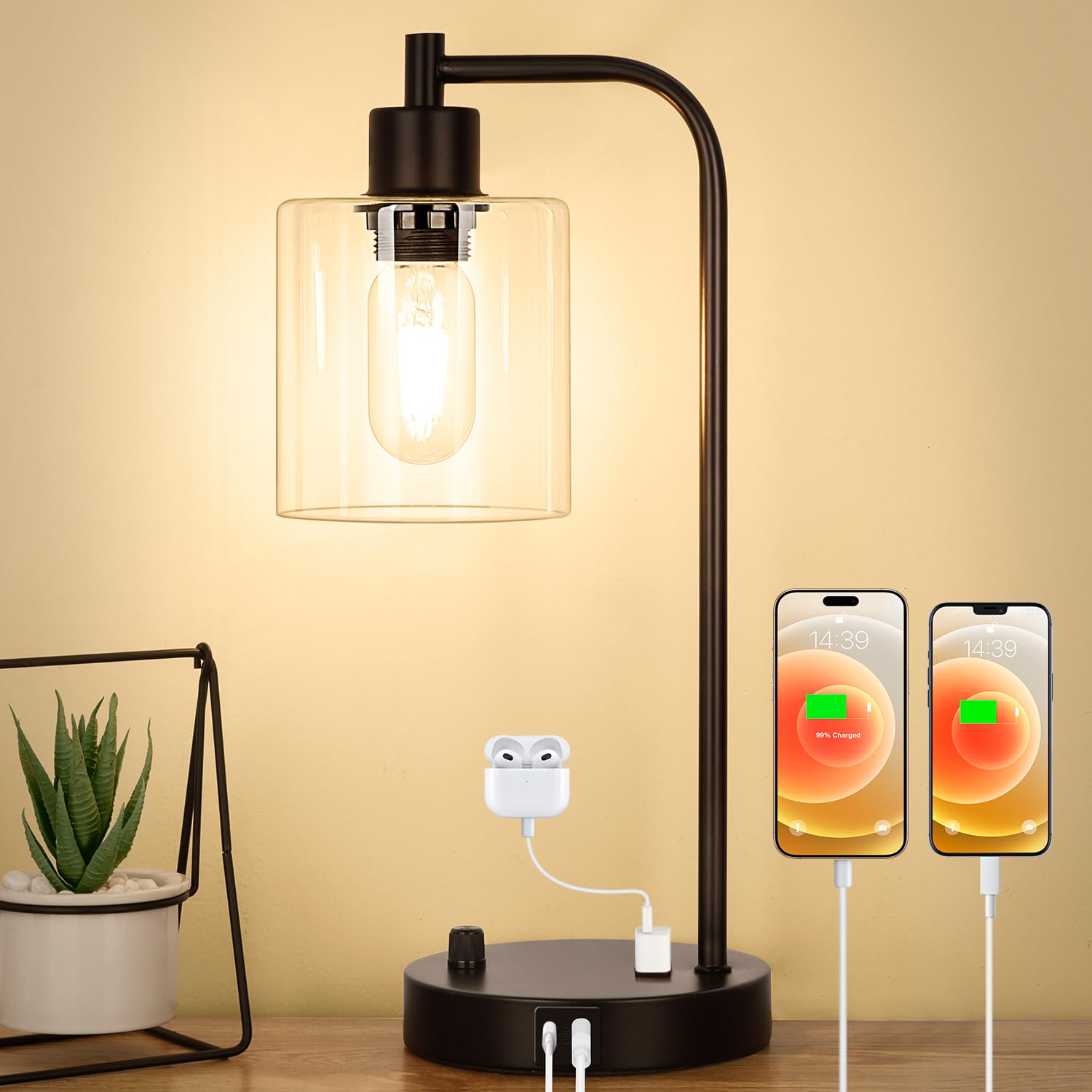 Photo 1 of Industrial Table Lamp with USB A+C Ports and Outlet, Fully Stepless Dimmable Modern Nightstand Lamp, Glass Shade Bedside Desk Lamp for Bedroom Living Room Office, 8W 2700K LED Edison Bulb Included.