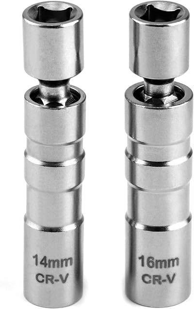 QWORK 2Pcs Thin Wall Spark Plug Socket 14mm 16mm 3/8 Inch 12-Point Magnetic