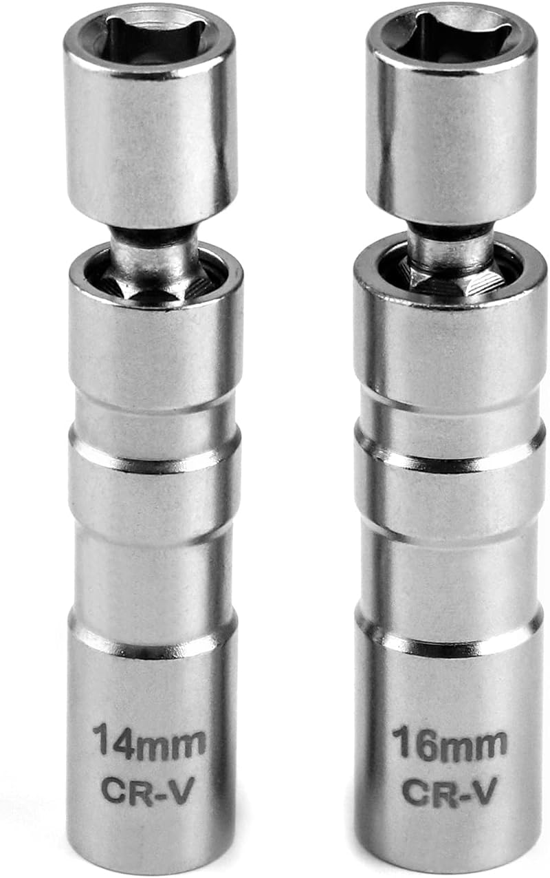 QWORK 2Pcs Thin Wall Spark Plug Socket 14mm 16mm 3/8 Inch 12-Point Magnetic