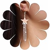 Erimberate Bohemian Crystal Star Dangle Earrings Gold Cz Tassel Chain Drop Earrings Small Star Hook Earrings Rhinestone Tennis Chain Earrings Jewelry for Women