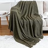 Blagic Knitted Throw Blanket for Couch Soft Farmhouse Boho Throw Blanket with Tassels Home Decorative Lightweight Throw Blankets,Dark Green Throws for Bed/Chair/Sofa, Wheat Textured, 50" W x 60" L