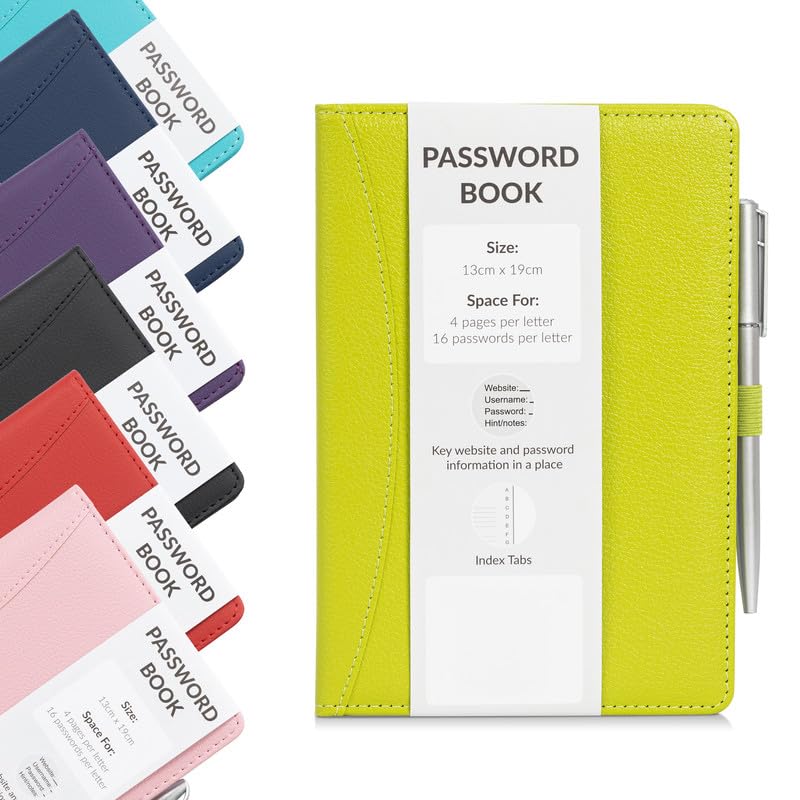 Password Book Alphabetical with Tabs - Secure Login Organiser for Websites, Username & Notes - Hardback A-Z Index Password Keeper with Pen (Lime)