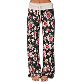 Elsofer Women's Pajama Lounge Pants Floral Print Comfy Casual Stretch Palazzo Drawstring Pj Bottoms Wide Leg Pants