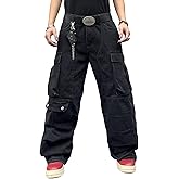 DFGIGT Mens Goth Baggy Cargo Jeans with Pockets Steampunk Patchwork Embroidery Wide Leg Denim Pants