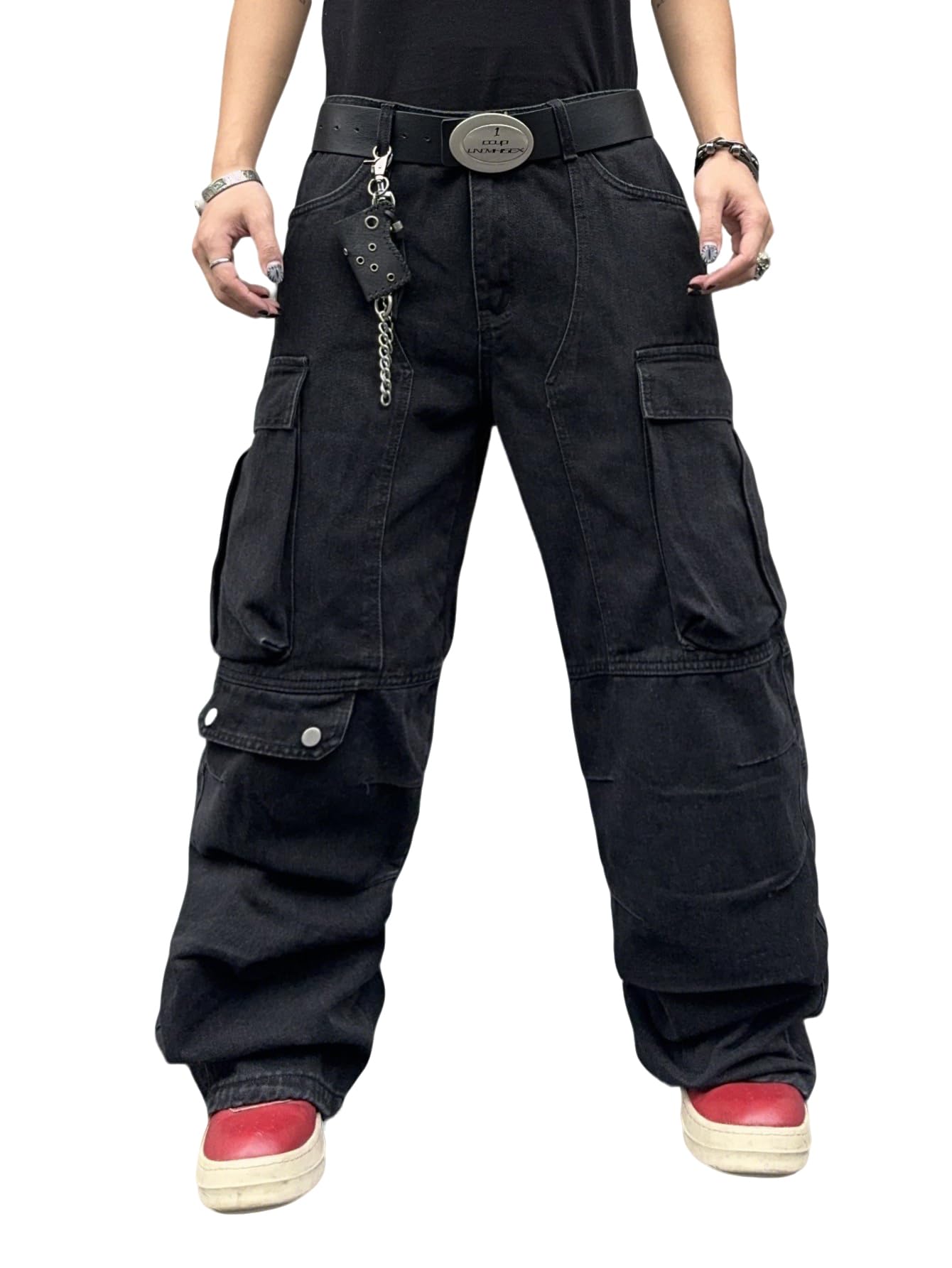 Photo 1 of DFGIGT Mens Goth Baggy Cargo Jeans with Pockets Steampunk Patchwork Embroidery Wide Leg Denim Pants Jinco Punk Casual Fashion Cargo Pants Y2k Gothic Relaxed Loose Oversized,C10 Black,Medium