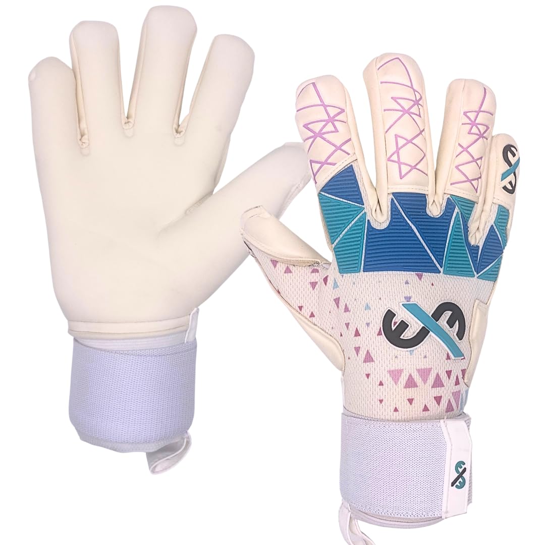 ExE-GK Football goalkeeper glove Inception Academy for Adult, Youth, Kids, Boys, Girls, Training, Games, 4mm Latex, Negative cut, Double Wrist Strap, White with Blue Features, Sizes 5-11 (8)