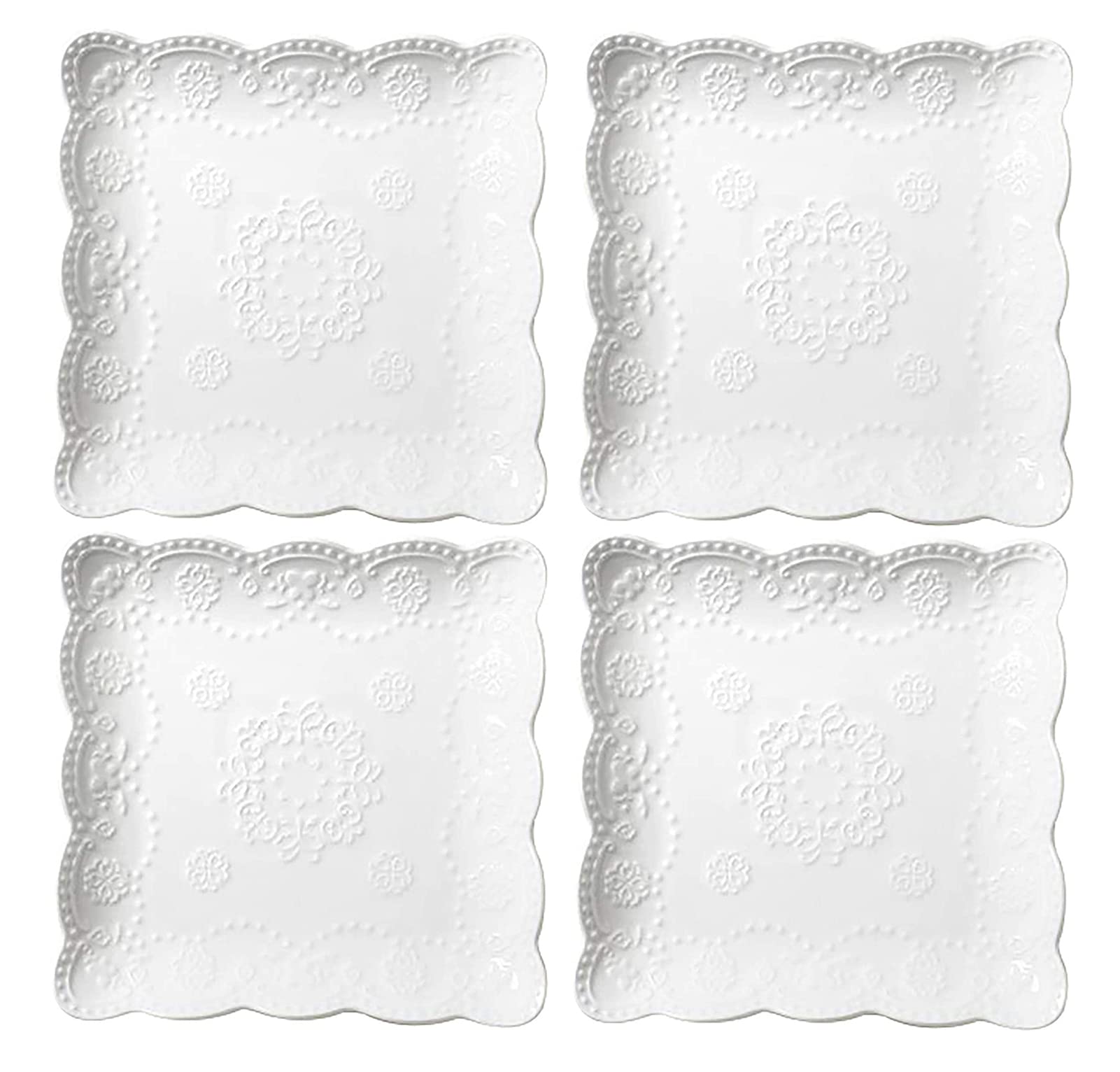 Eplze YBK Tech Elegant Square Embossed Lace Plates, Porcelain Dessert Plates for Breakfast Afternoon Tea, Set of 4 (10-inch)