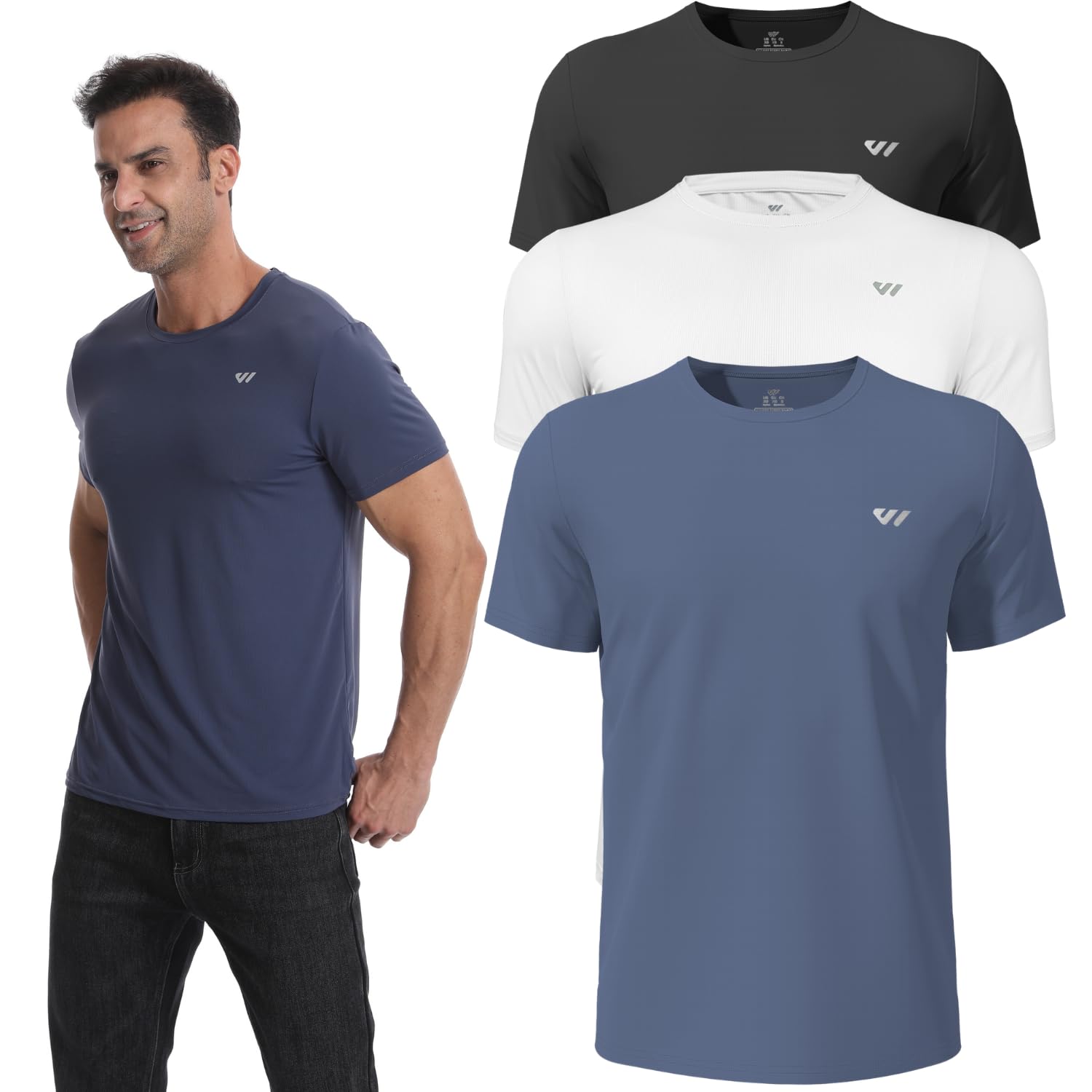 3 or 5er Pack Sport Tshirts Herren Kurzarm,Funktionsshirt Atmungsaktiv & Schnelltrocknend,Fitness Shirt für Training,Laufen,Wandern,Gym,Outdoor-Sport Schwarz-Weiß-Grau Blau M