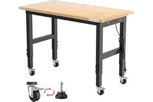 LARBANKE 48" Adjustable Workbench with Wheels,Heavy-Duty Rubber Wood Worktable with Power Outlets & Precision Scales & Foot Pads,2000 LBS Load Capacity Work Benches for Garage,Workshop,Office,Home