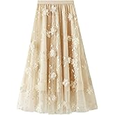 Womens Floral Tulle Skirts High Waisted A-Line Mesh Skirt Embroidery Layered Fairy Skirts Party Casual Outfits