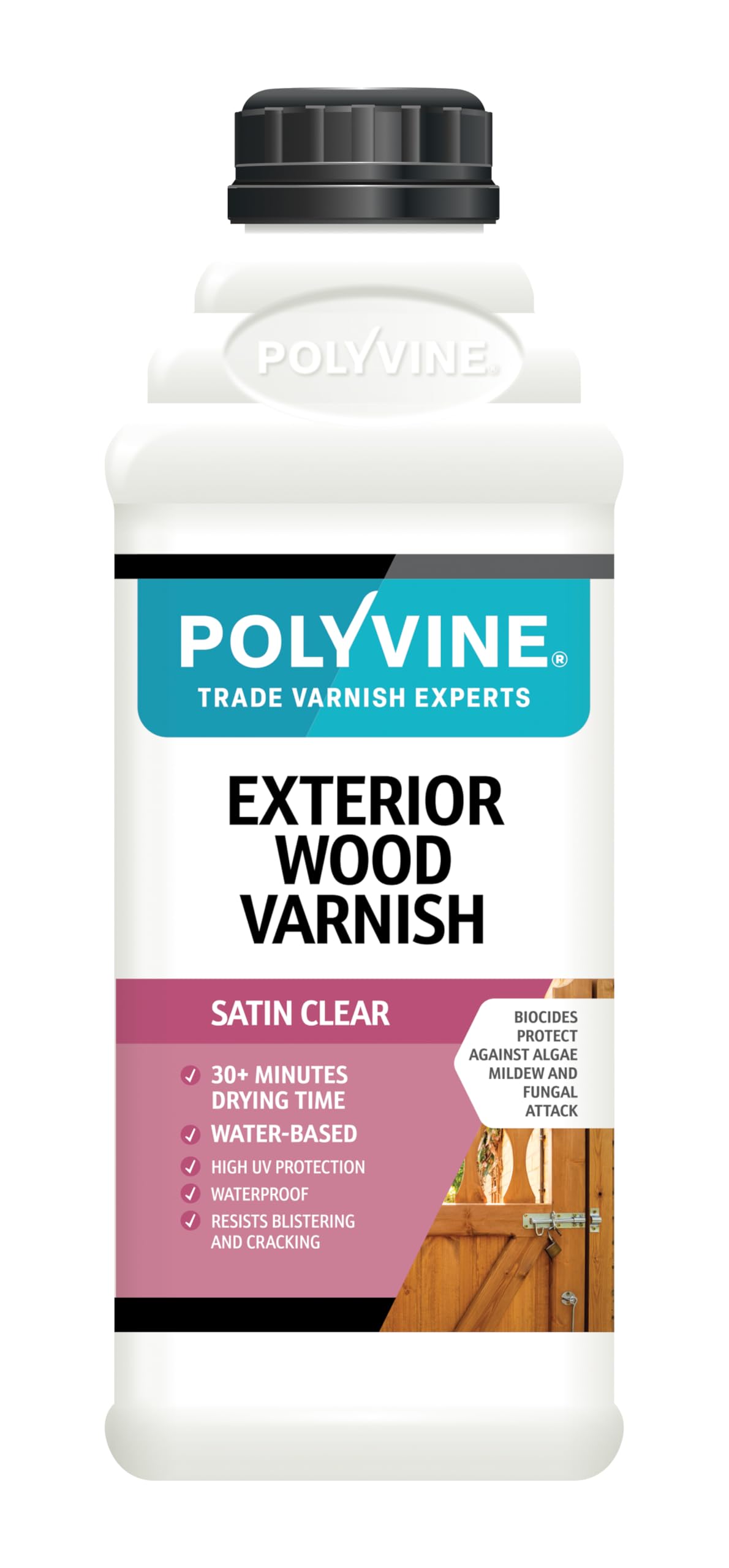 Polyvine Exterior Wood Varnish Satin Finish – Quick Drying, Water-Based, High UV Protection & Weather Resistant Clear Varnish for Outdoor Wood & Timber – No Blistering or Peeling, 1L